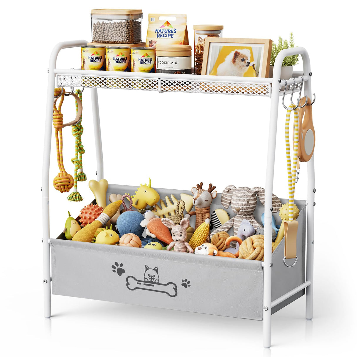 Large Dog Toy Storage Basket with Shelf & Hooks - 23.6" Organizer