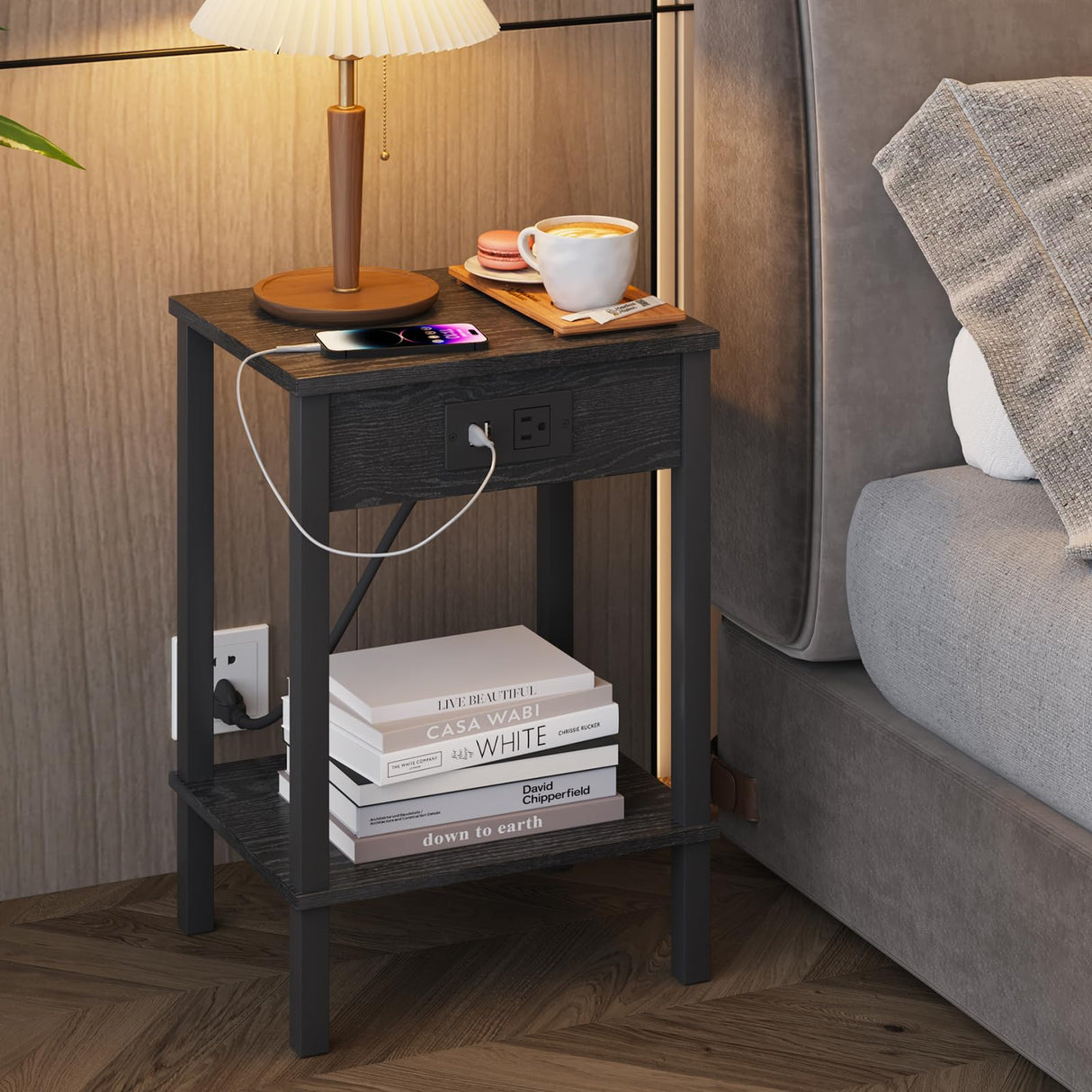 Set of 2 End Table with Charging Station, Narrow Side Table with USB Ports and Outlets,