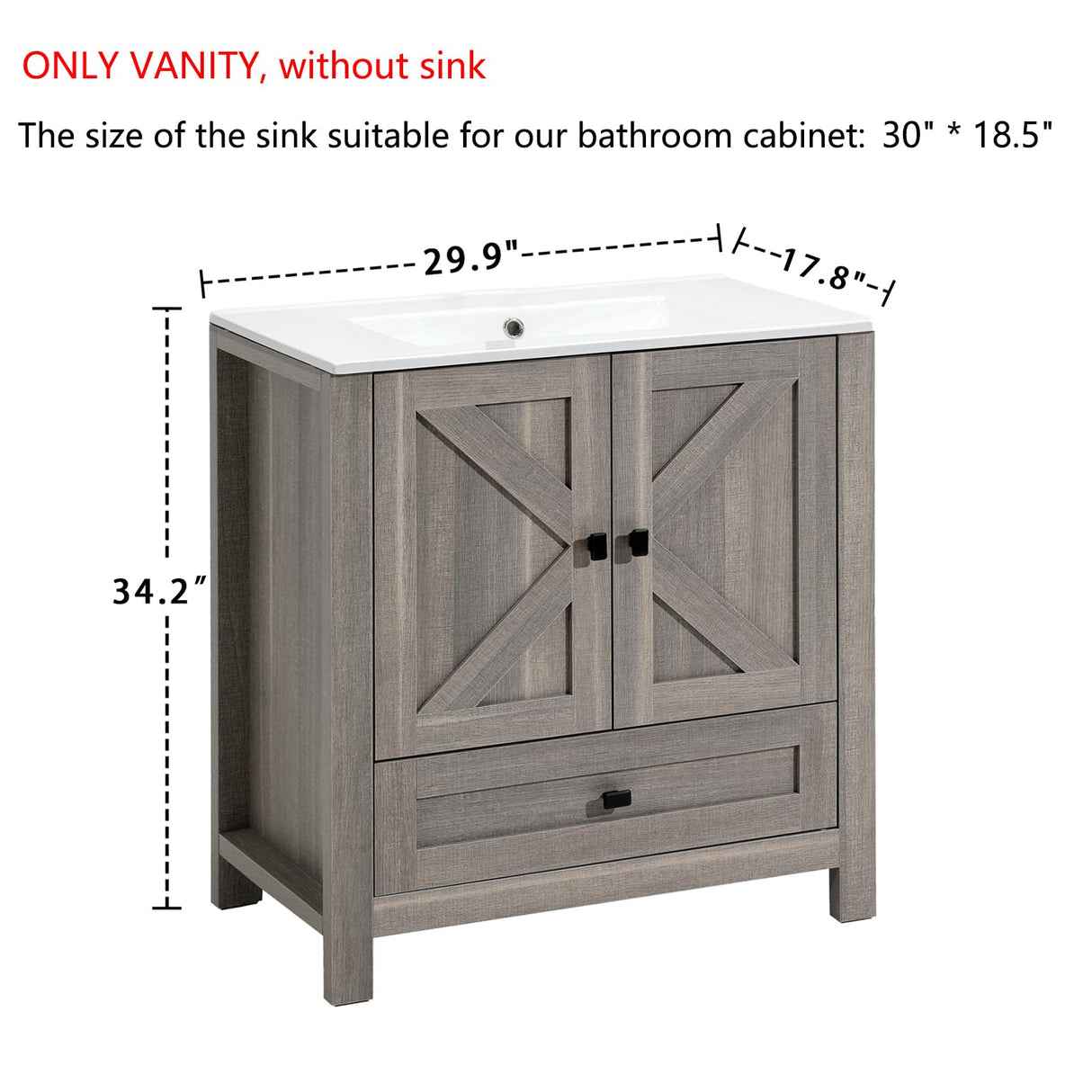 KGAR 30" Bathroom Vanity Grey Modern Bathroom Storage Cabinet,Without Sink