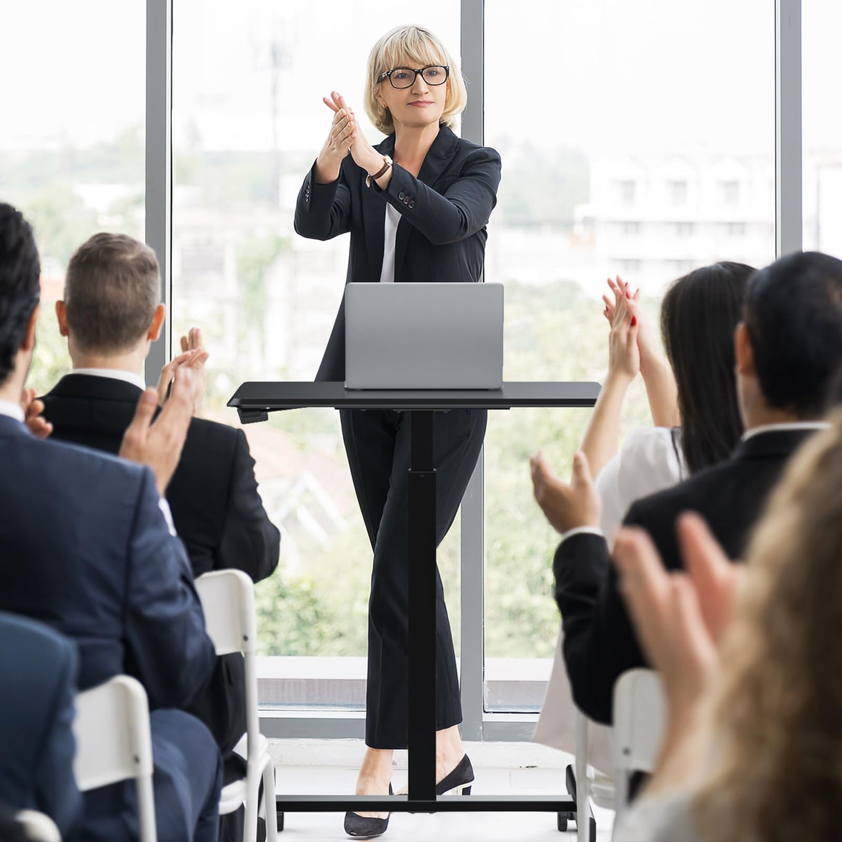 Mobile Small Standing Desk, Portable Rolling Laptop Sit Stand Desk with Lockable Wheels