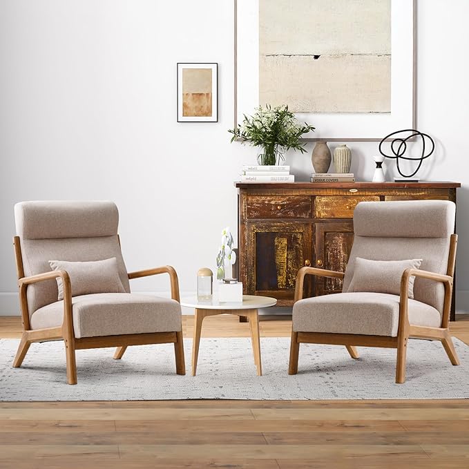 Mid Century Modern Accent Chair with Wood Frame, Upholstered Living Room Chairs