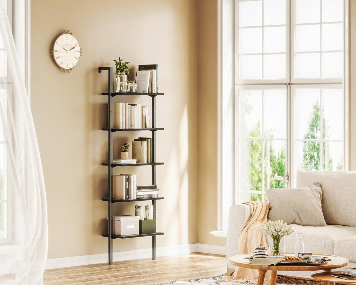 Ladder Shelf, 5 Tier Black Bookshelf, 72 Inch Wall Mounted Book Shelf