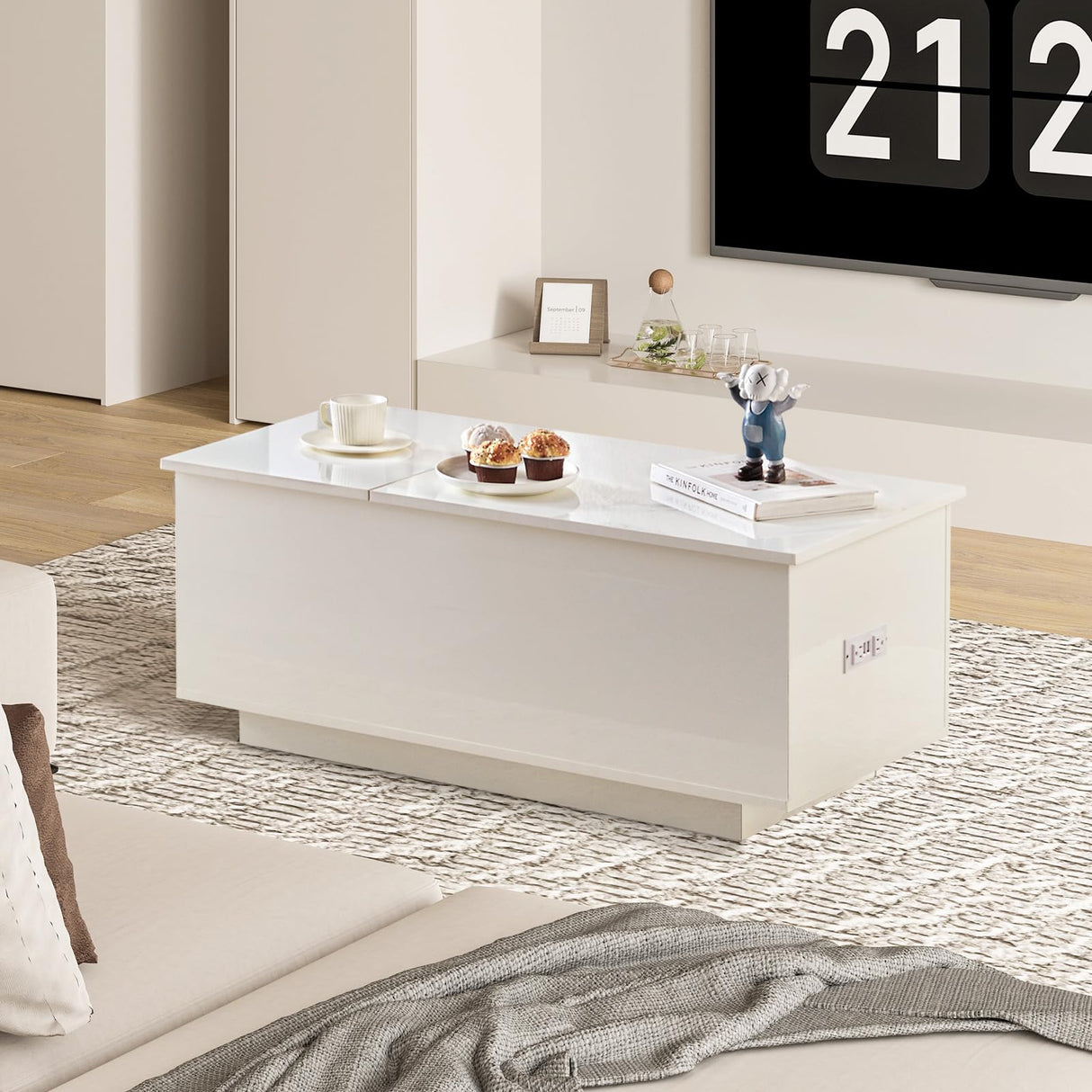 Lift Top Coffee Table with LED Light, Modern High-Glossy Coffee Table