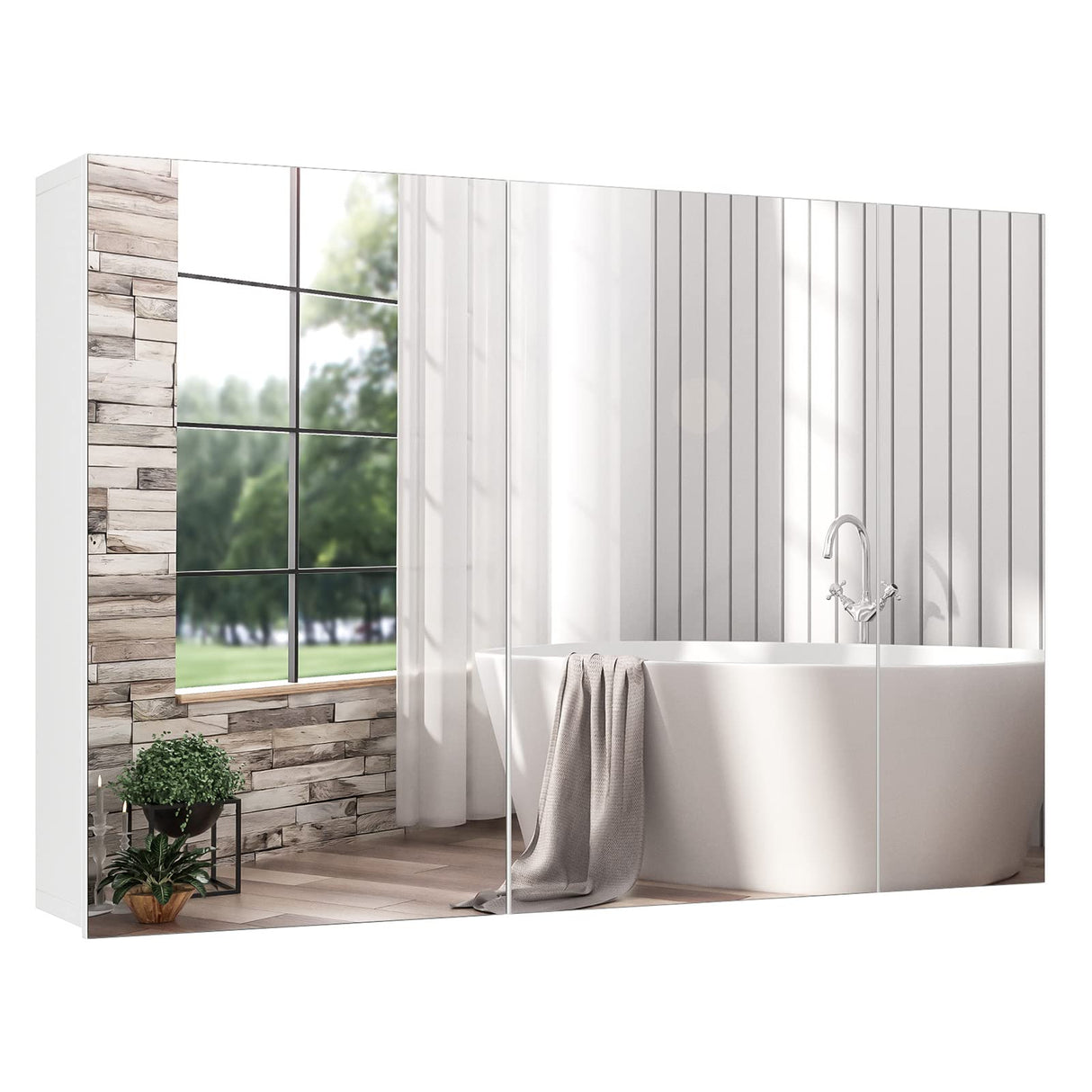 Medicine Cabinet with 3 Mirrored Doors, Surface or Recessed Mount Bathroom Medicine