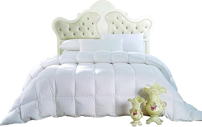 Goose Down Comforter King, 300 Thread Count 100% Cotton Striped Shell, 600FP