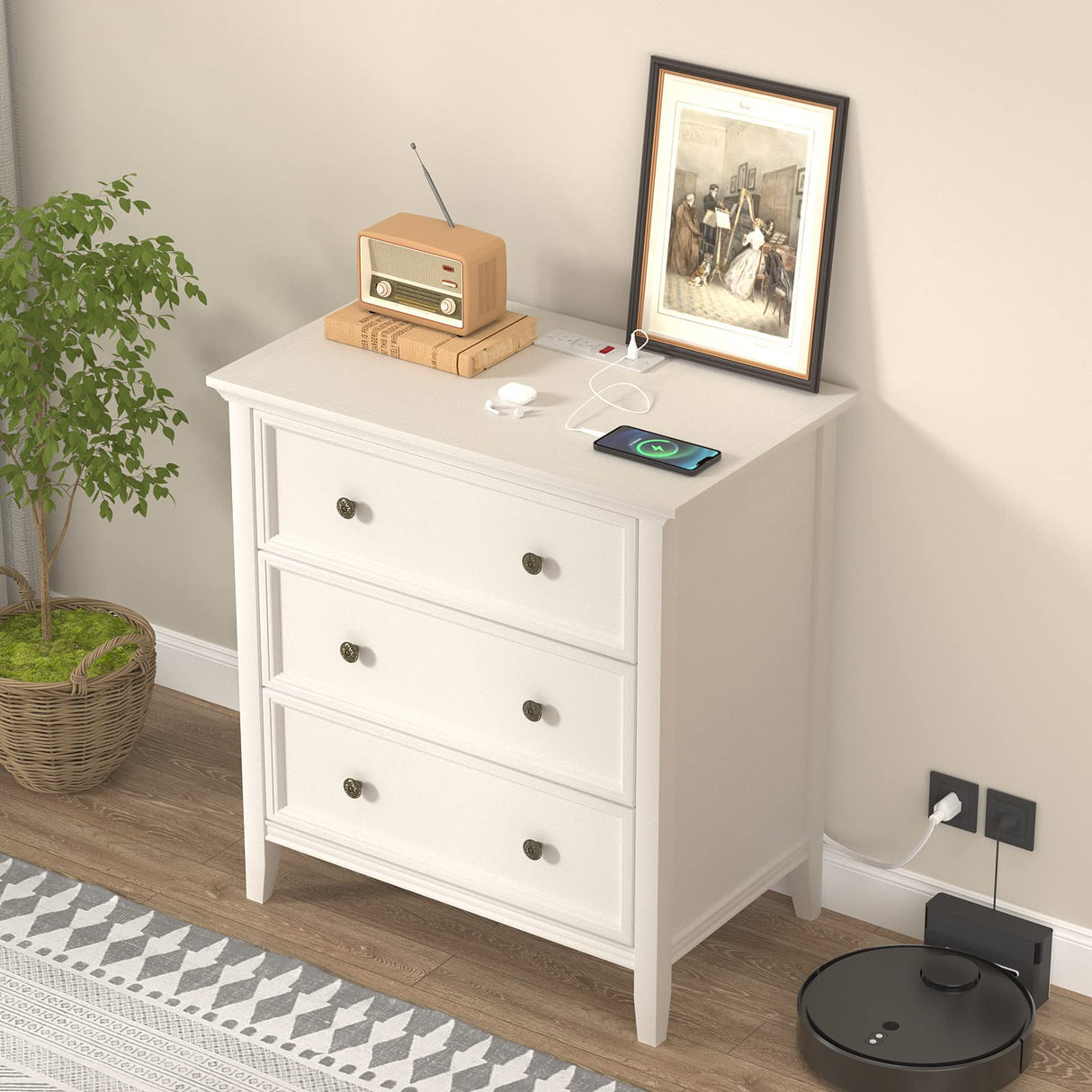 White Nightstand with 3 Drawers and Charging Station, Solid Wood Nightstand