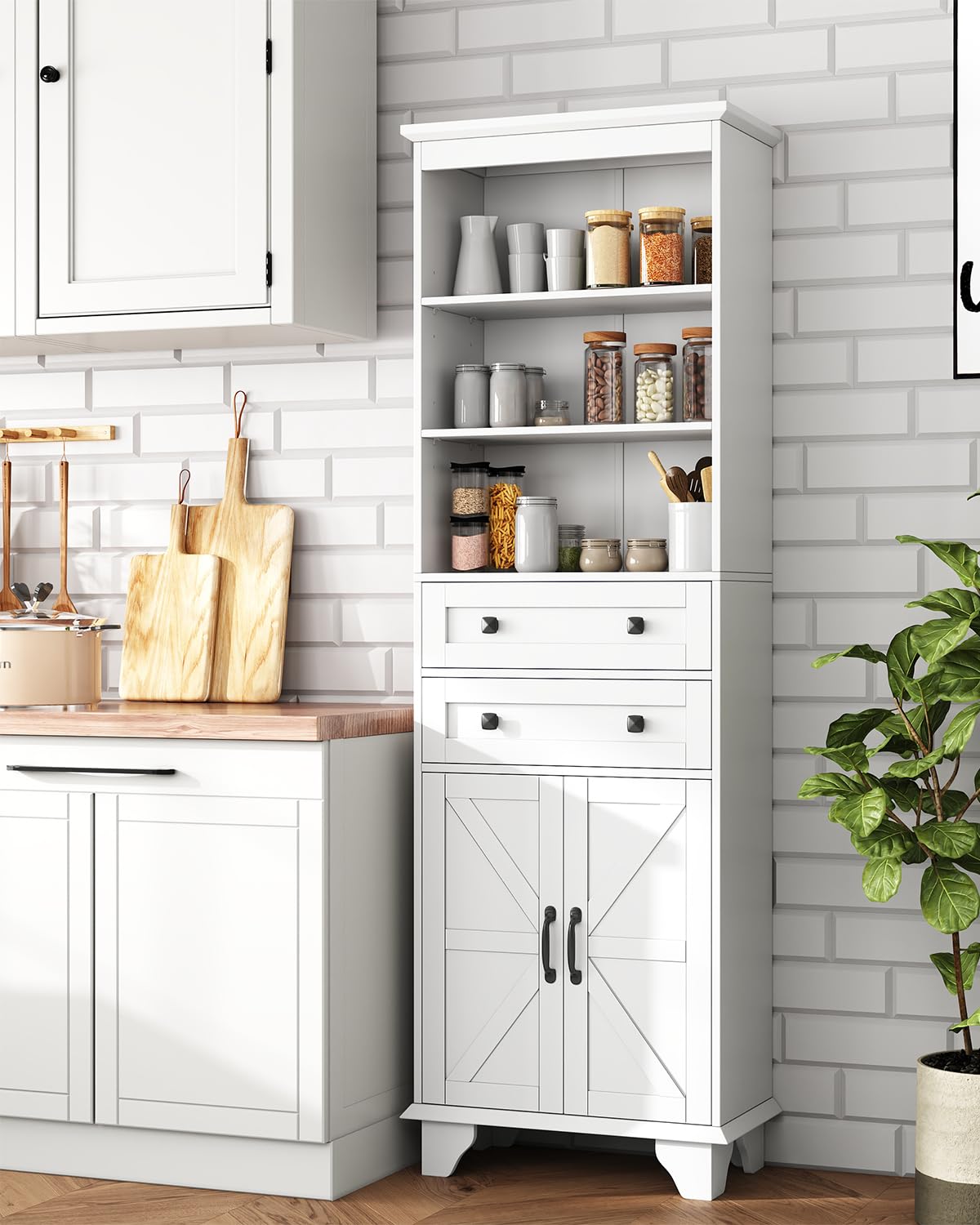 72" Tall Bathroom Storage Cabinet, Farmhouse Storage Cabinet with 2 Drawers