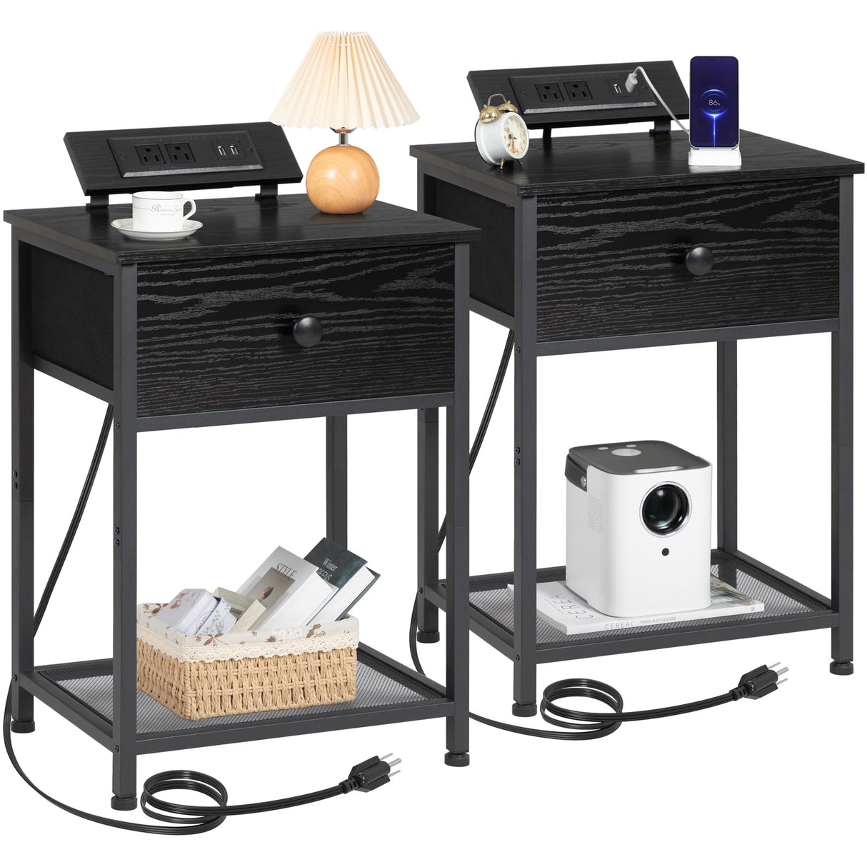 Night Stand, Black Nightstand Set of 2