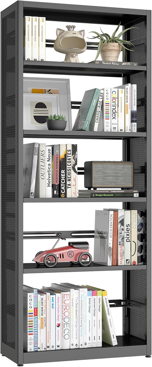 3 Tier Bookshelf, Metal Storage Book Shelf, Black Modern Display Bookcase