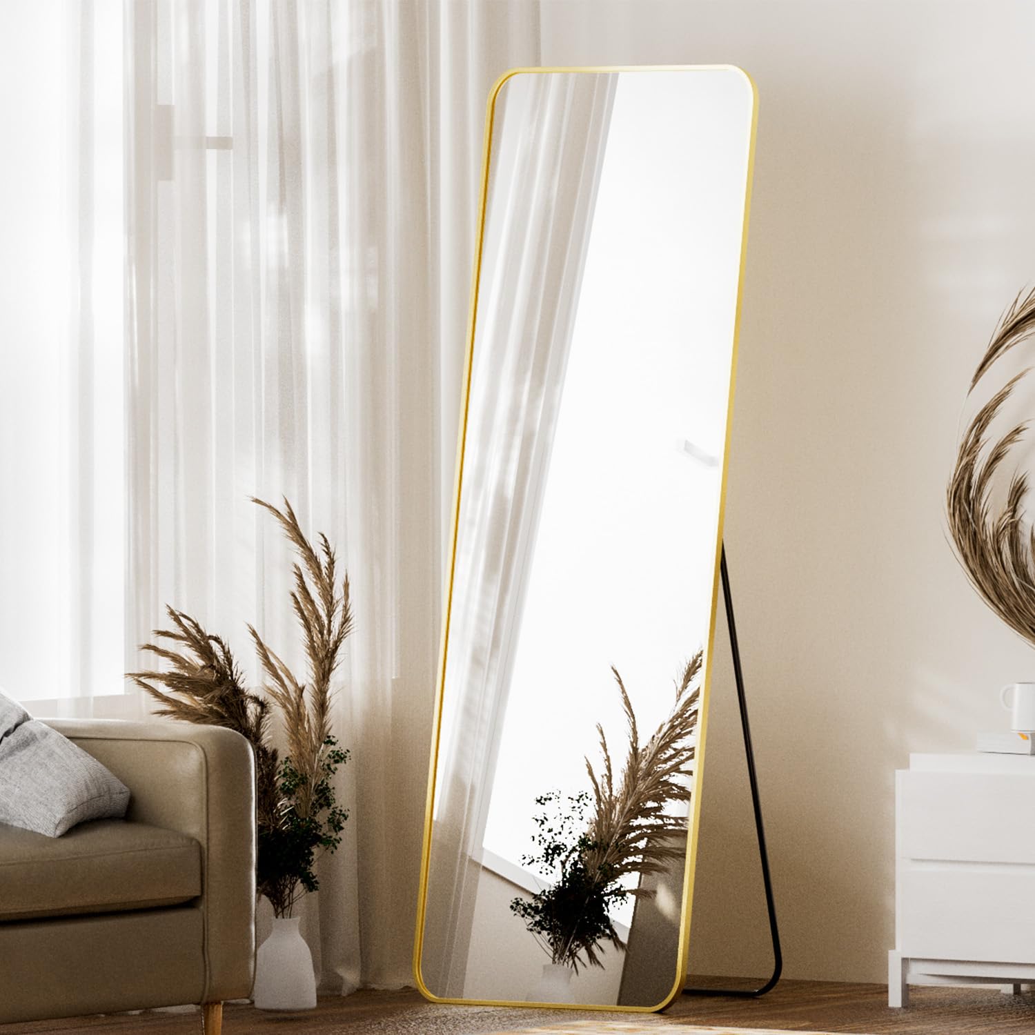 Gold Floor Mirror Full Length, 59"x16" Rounded Corner Full Length Mirror with Stand