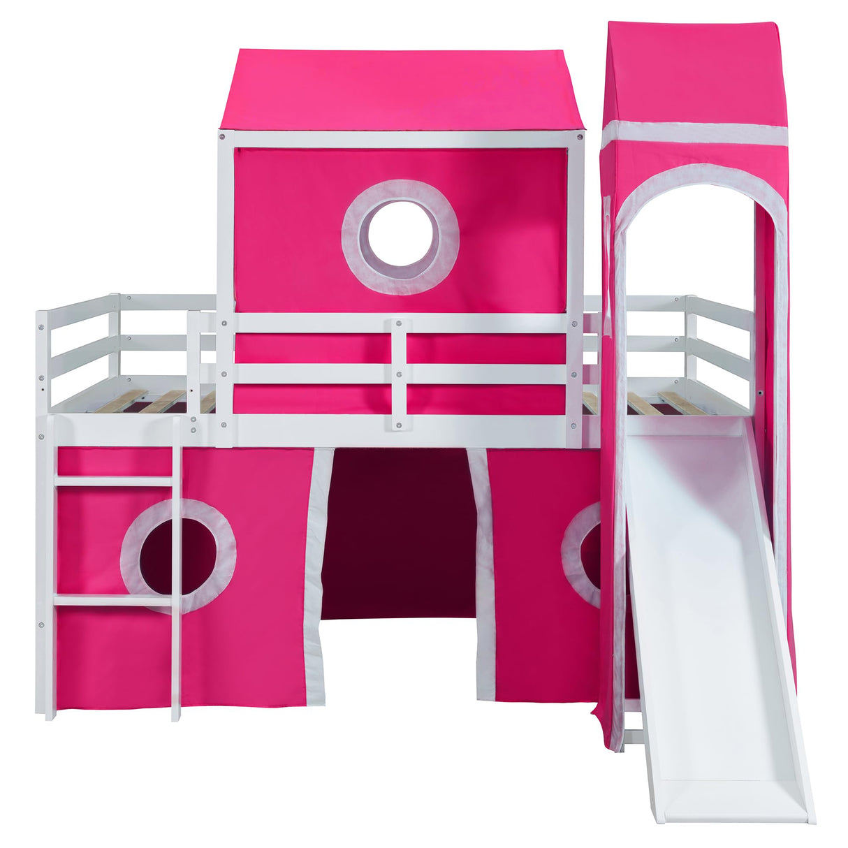Loft Bed with Slide and Curtains, Full Over Full Floor Bunk Bed with House Shape Tent
