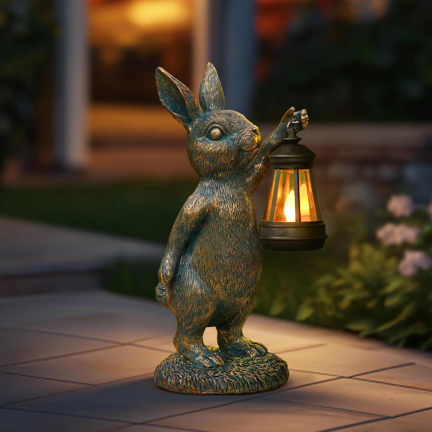 Garden Statues with Solar Lantern Bunny Outdoor Resin Sculpture