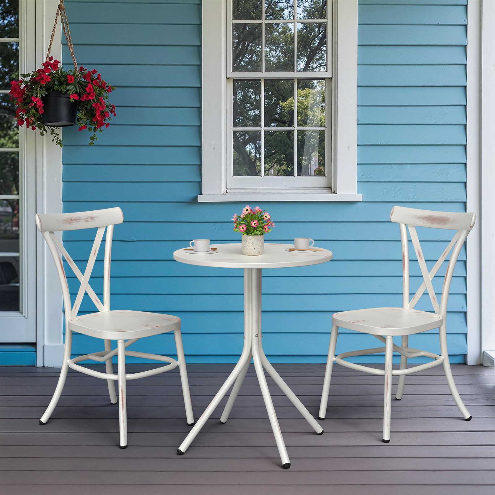 3 Piece Patio Bistro Set Aluminum Bistro Table and Chairs Set of 2, All Weather Resistance Patio Dining Set for 2, Vintage Outdoor Bistro Set for Balcony Garden Backyard Porch, Distressed White