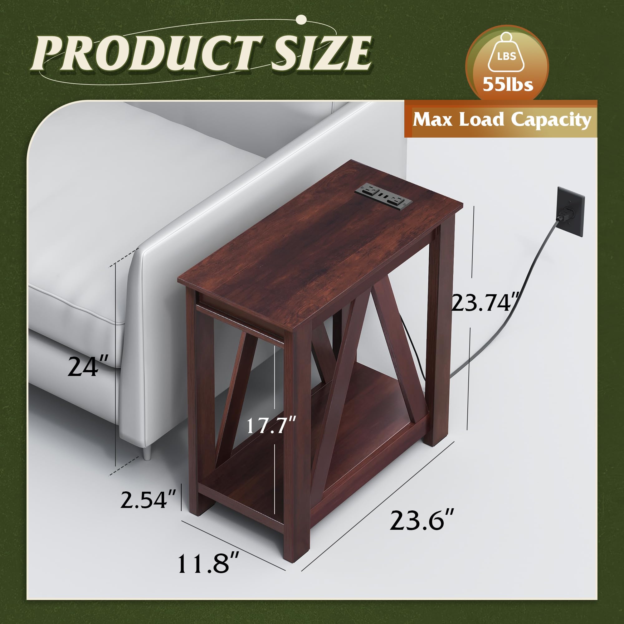 Narrow End Table with Charging Station of Open Storage Shelf,Sofa Side Table