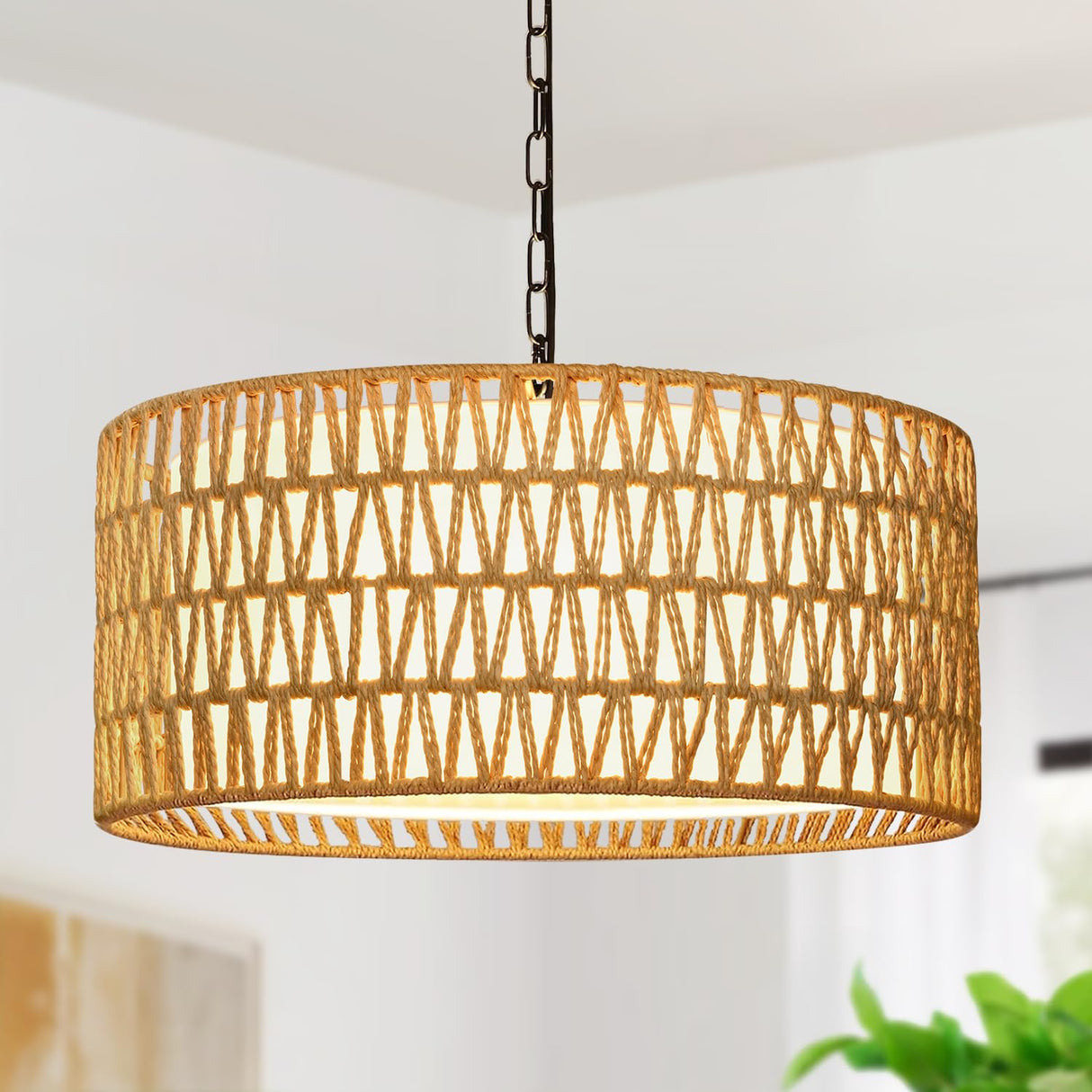 Farmhouse Chandeliers for Dining Room, Hand Woven 5-Light Rattan Pendant Light