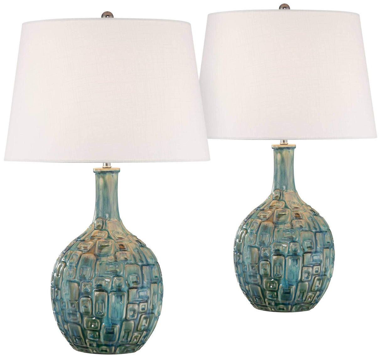 26" High Gourd Mid Century Modern Coastal Table Lamps Set of 2 Teal Ceramic Fabric