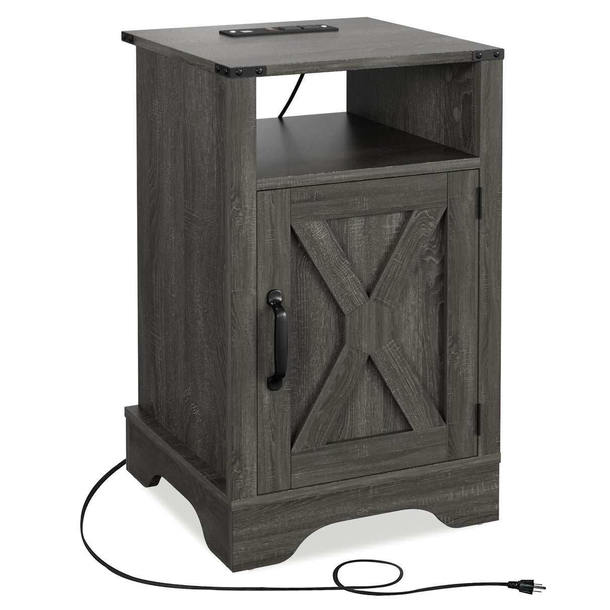 Farmhouse Nightstand Side Table with Charging Station & Storage, Dark Gray Wood