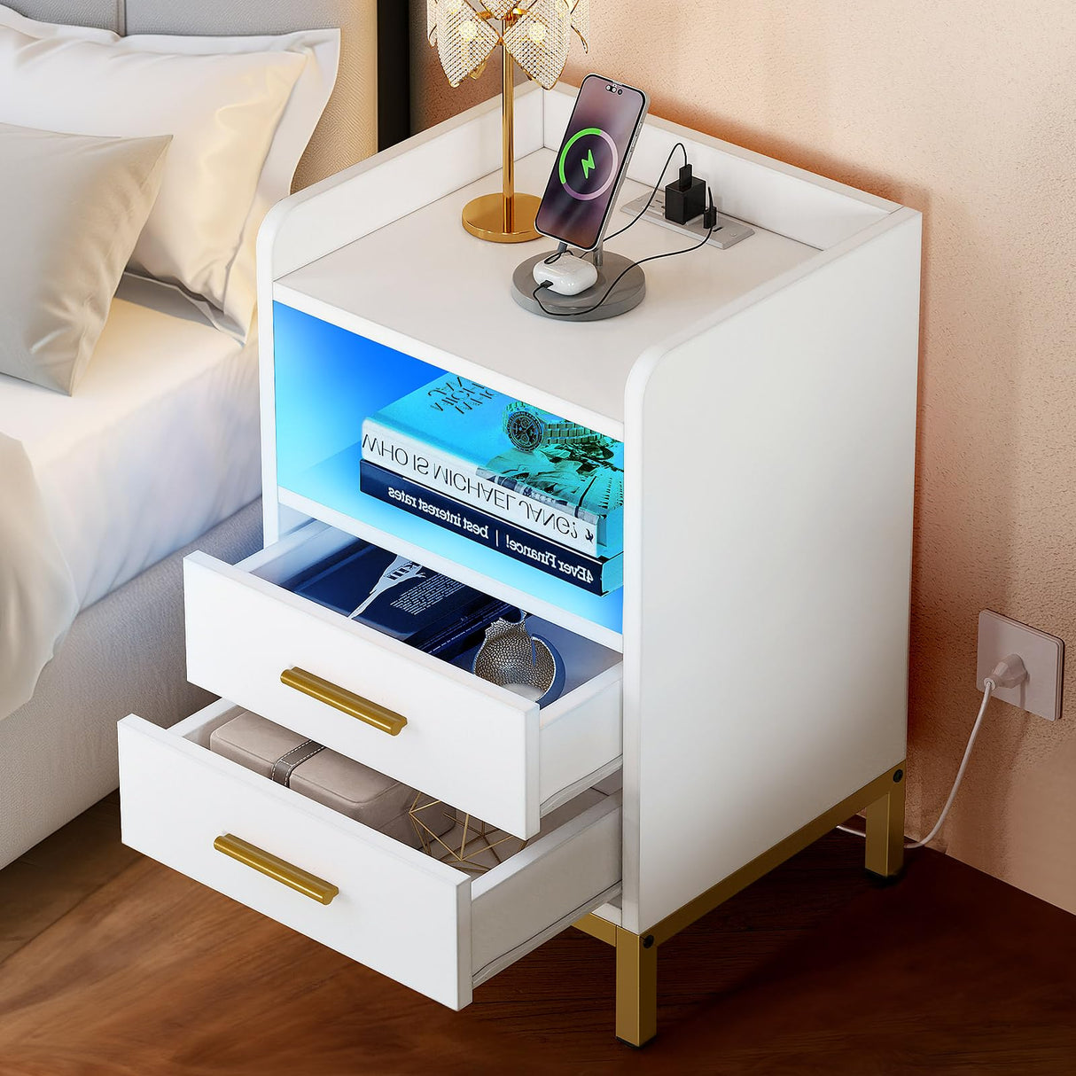 Nightstand with Charging Station & LED Lights