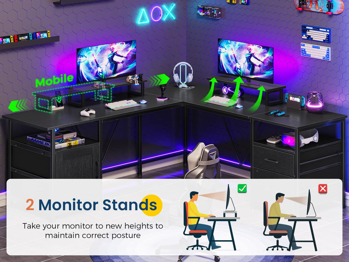 67in L Shaped Computer Desk with Power Outlets, 90.5in Long Home Office