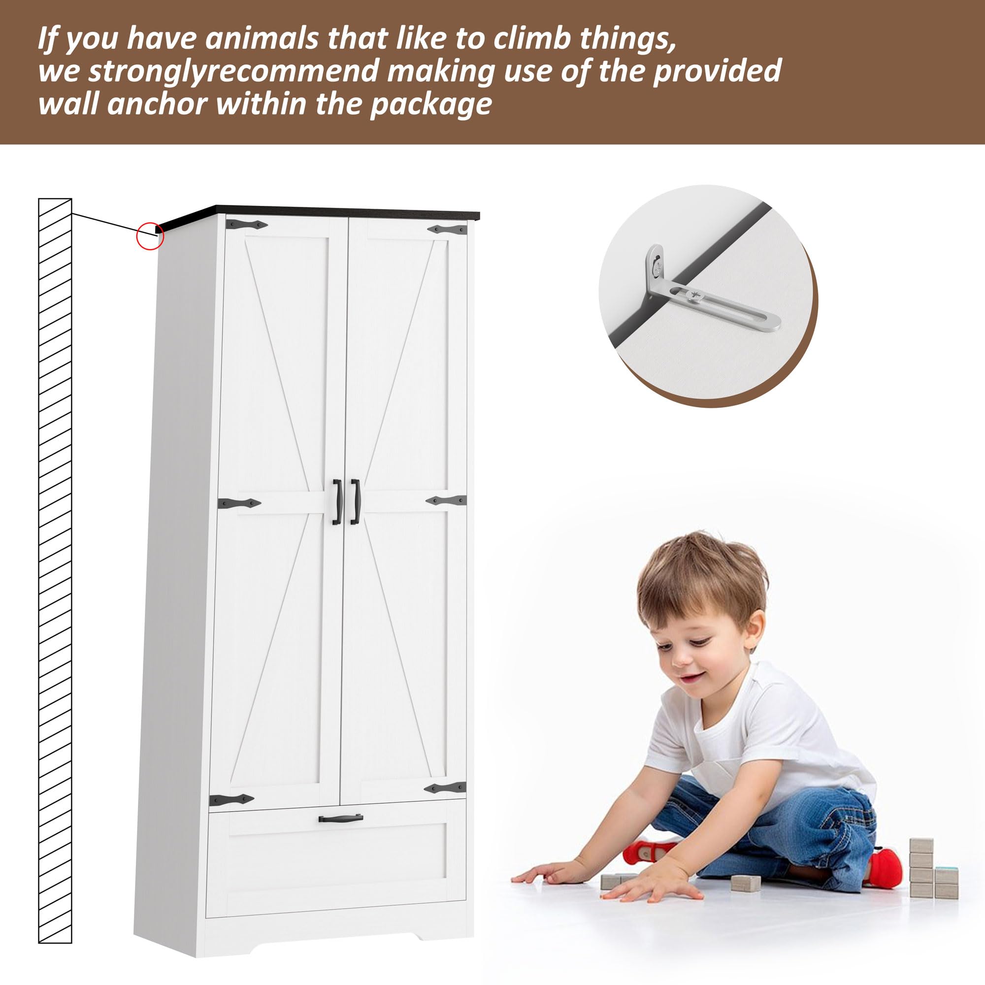 Kitchen Pantry Storage Cabinet with Barn Doors, Drawer and Adjustable Shelves, 4-Tier