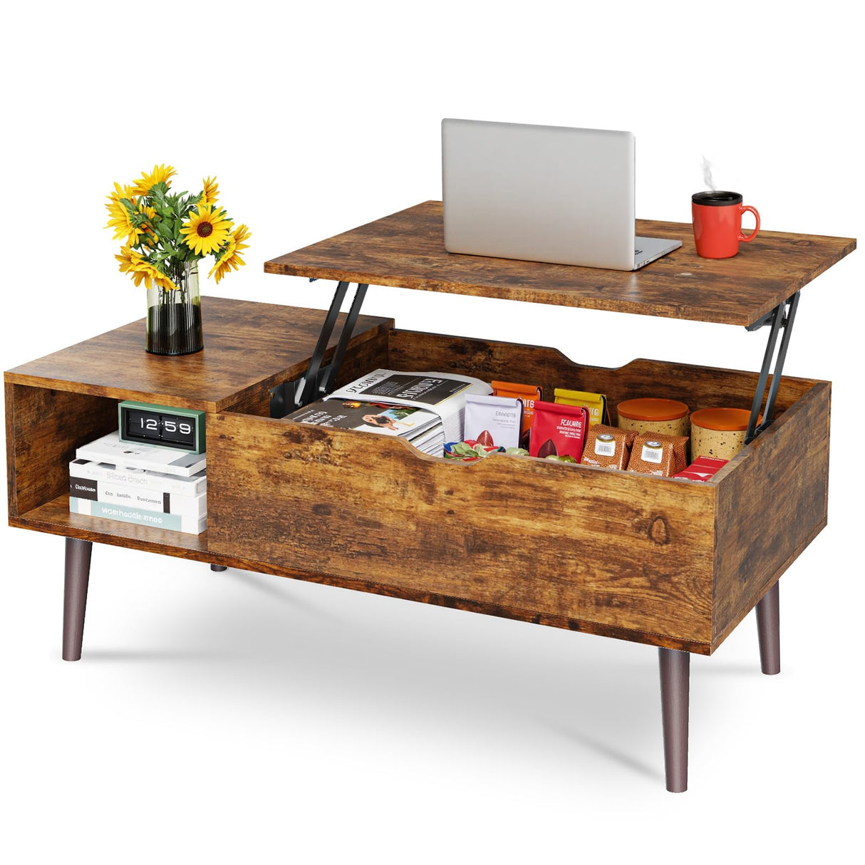 OLIXIS Wood Lift Top Coffee Table with Hidden Compartment and Large Storage Shelf, Lift Tabletop Dining Center Table for Home Living Room Office, Natural Wood