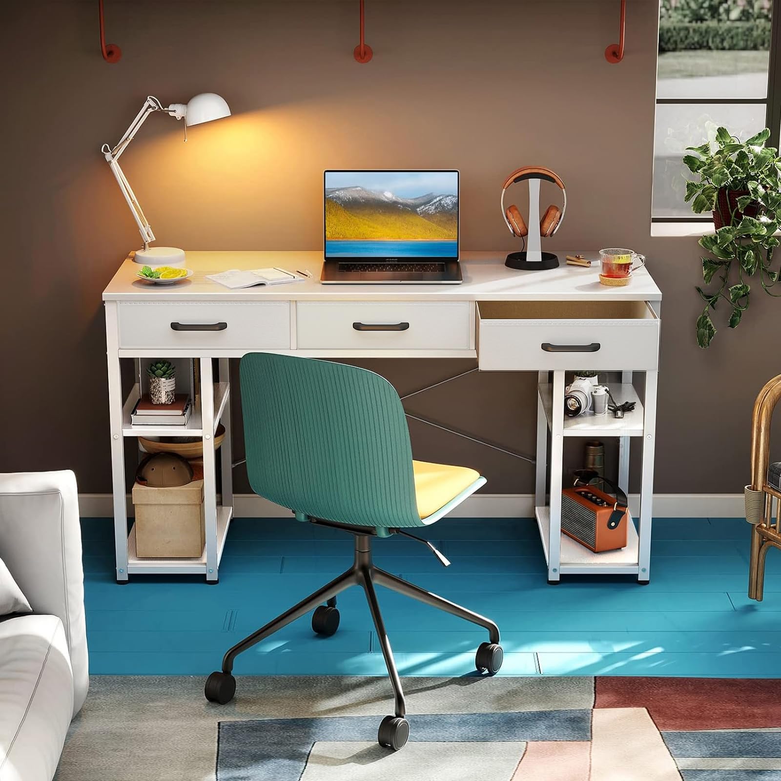 Office Small Computer Desk: Home Table with Fabric Drawers & Storage Shelves