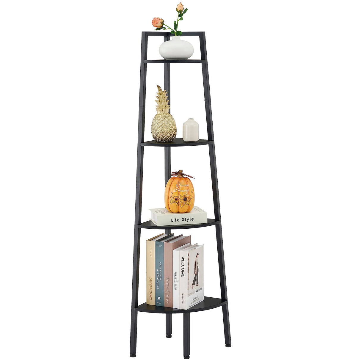 Corner Shelf, 4-Tier Corner Bookshelf, Rustic Corner Ladder Shelf