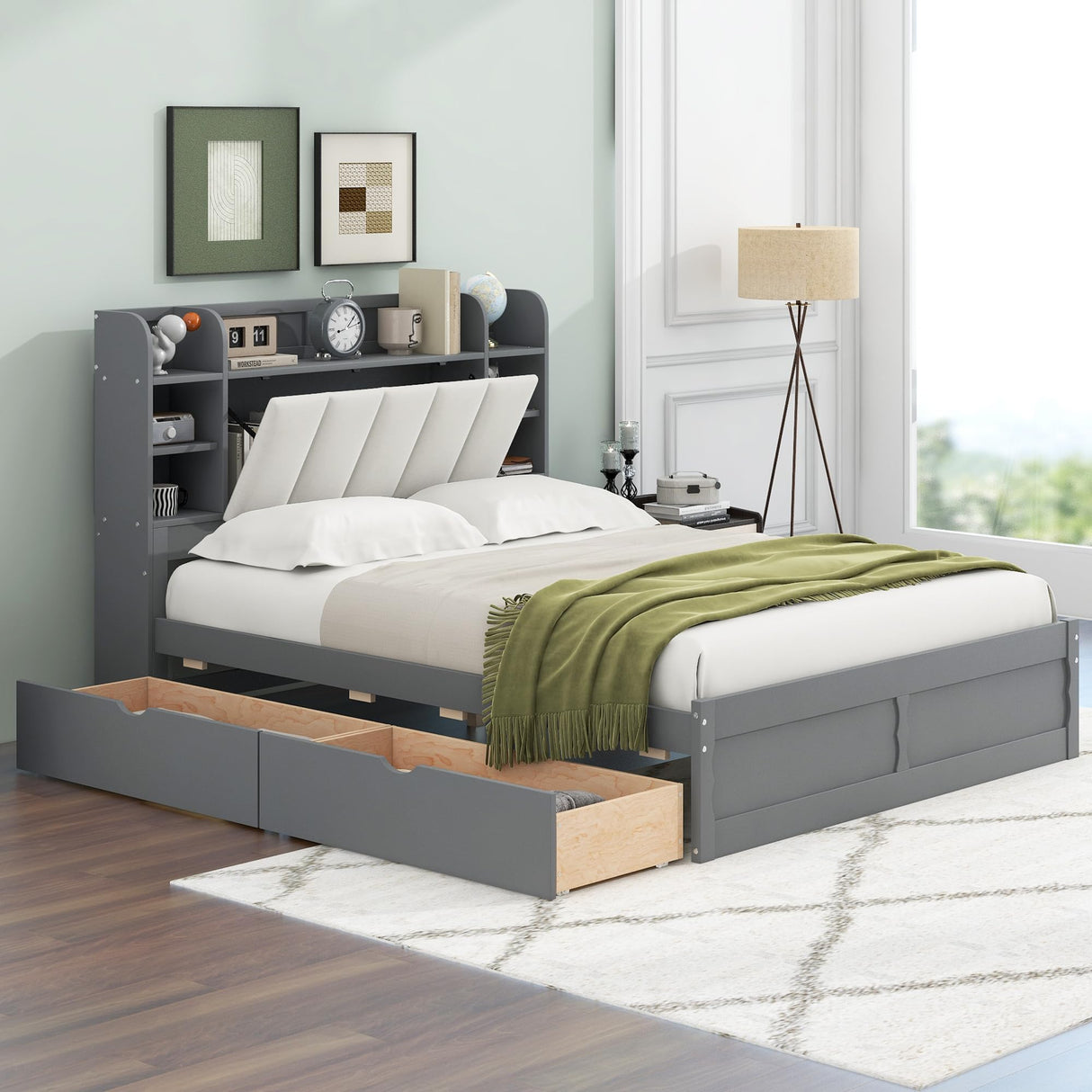 Queen Size Platform Bed with 2 Drawers, Wood Queen Size Platform Bed Frame