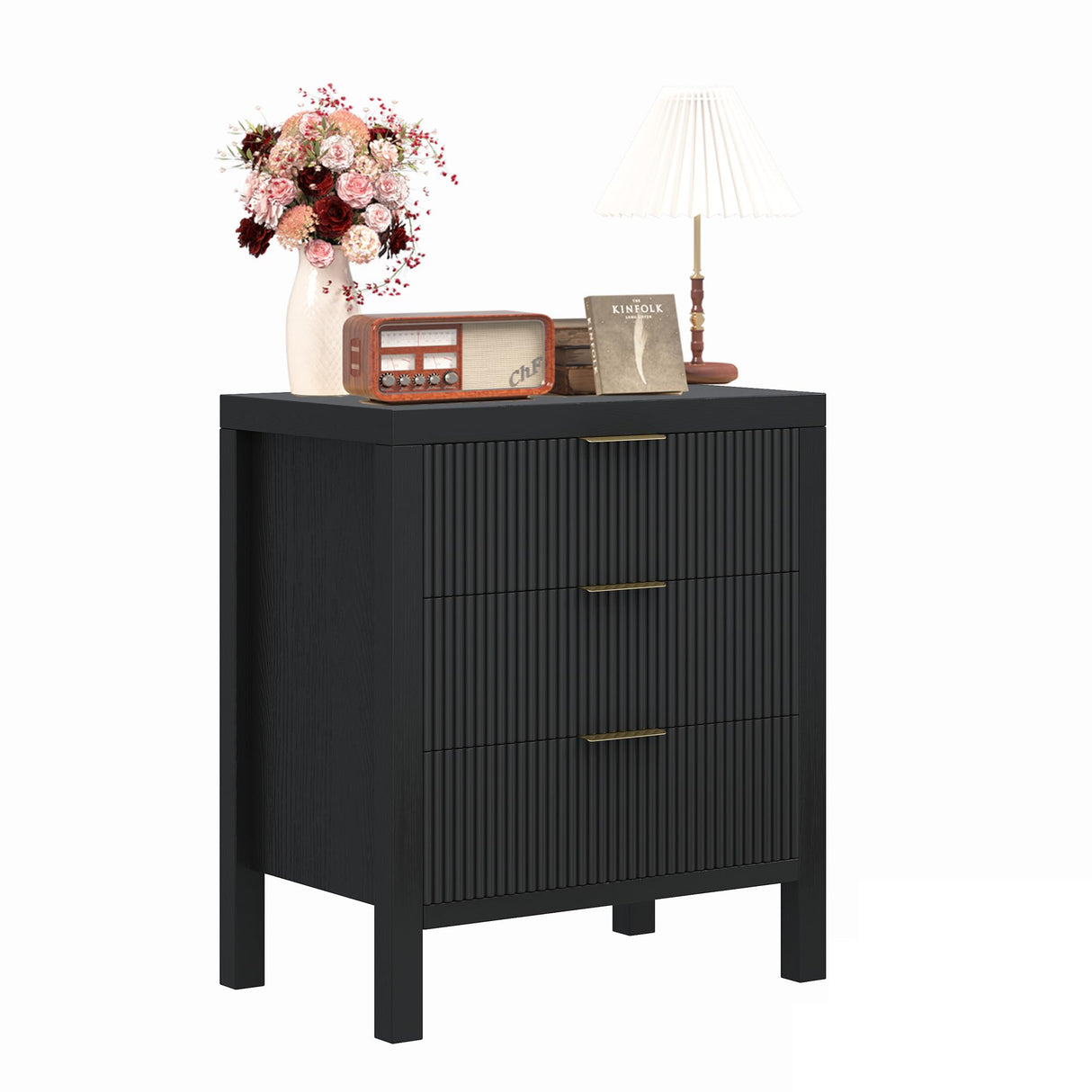 End Table with Storage, Wooden Farmhouse Nightstands with 3 Drawers