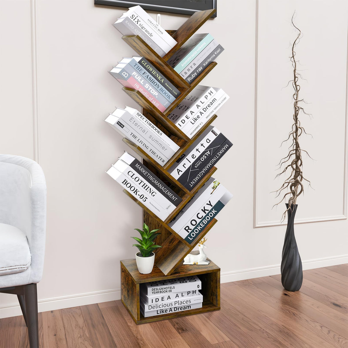 8 Tier Tree Bookshelf, Retro Floor-Standing 8 Shelf Bookcase Storage Rack