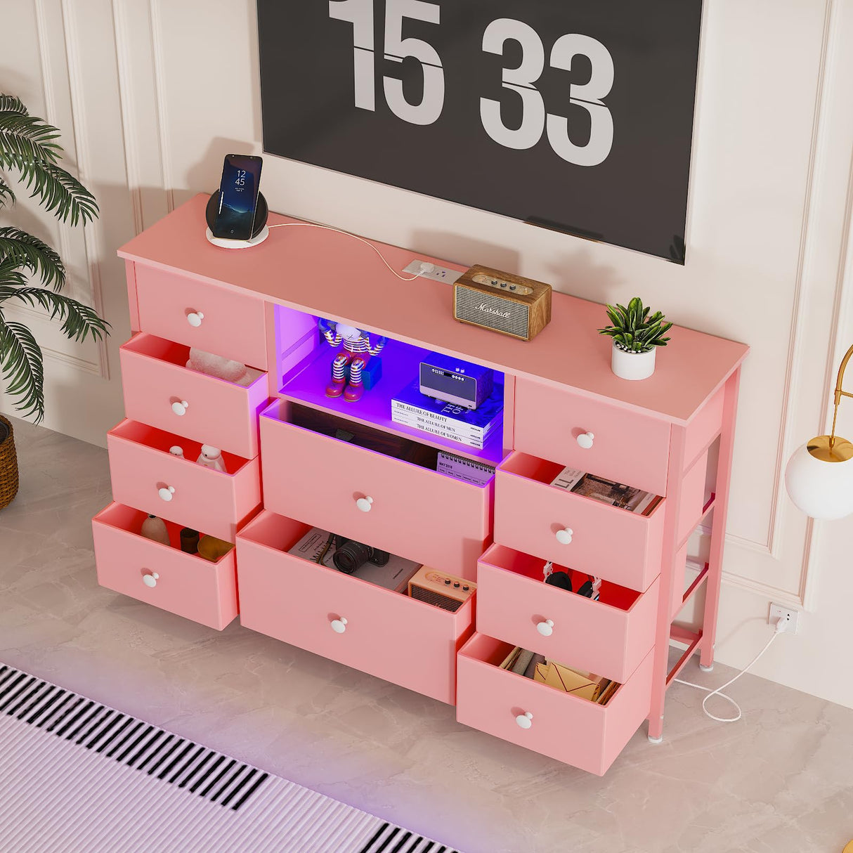 Dresser with Charging Station and LED Lights, Pink Dresser for Girls Bedroom