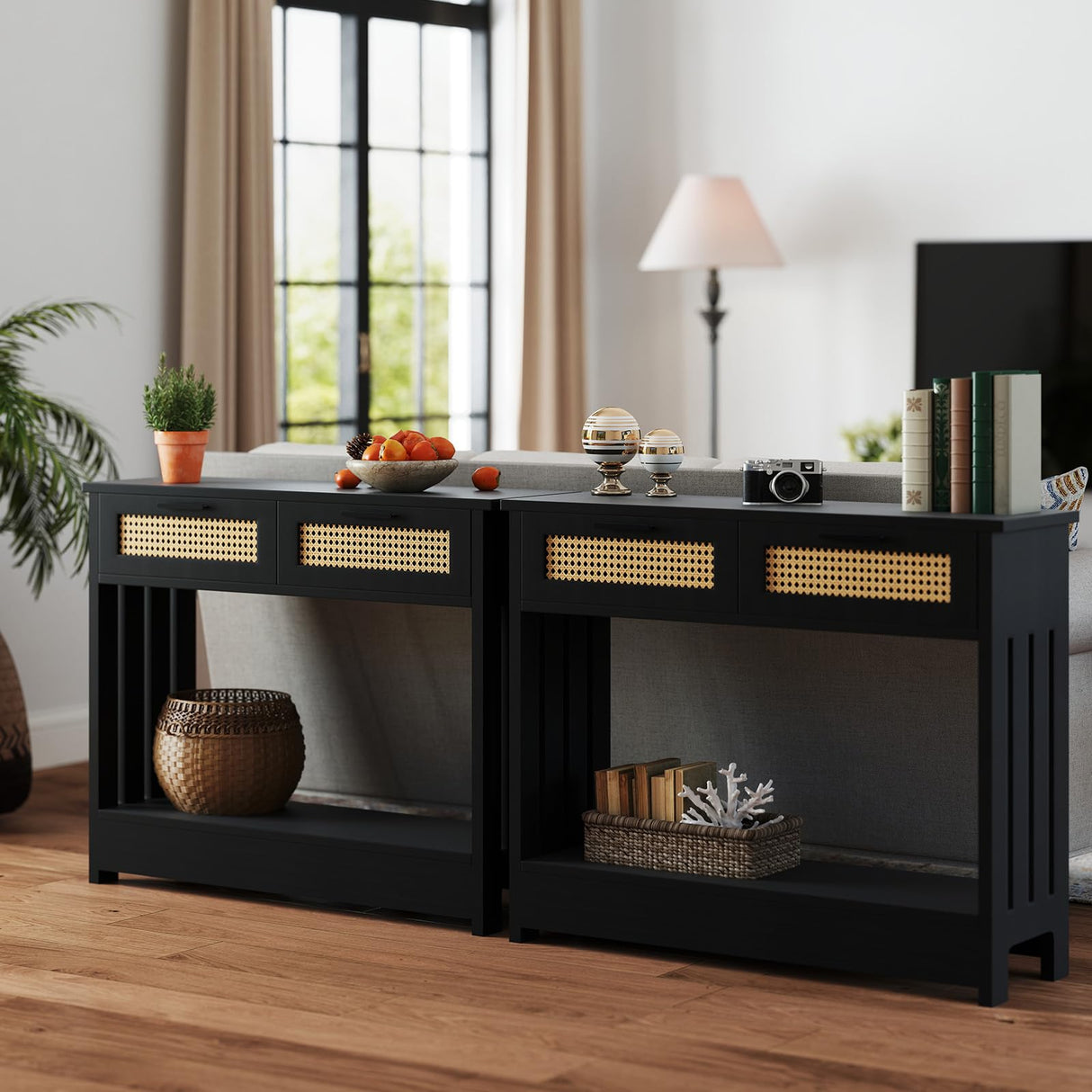 Rattan Console Table, 2-Tier Entryway Table with Drawers and Storage 68lbs