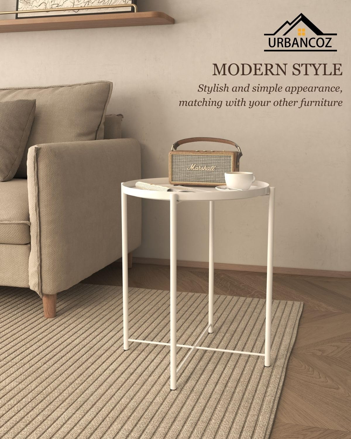 Round Small Side Table, Metal End Table with Removable Tray for Indoor Outdoor