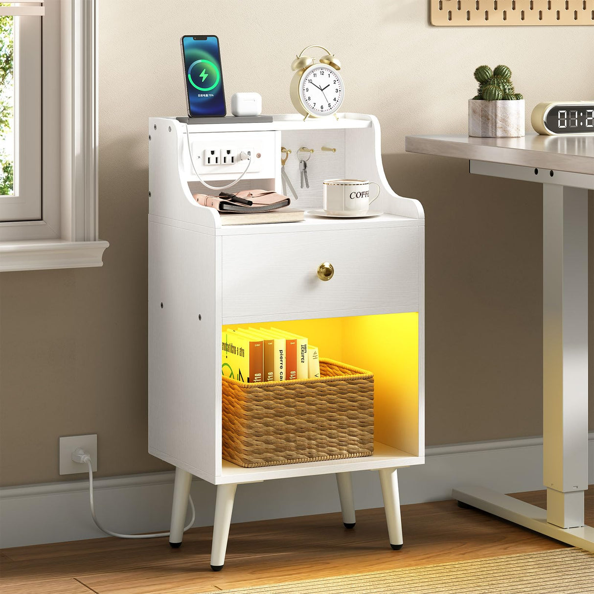 Nightstand with Charging Station and LED Light, Bedside Table with Fabric Drawer
