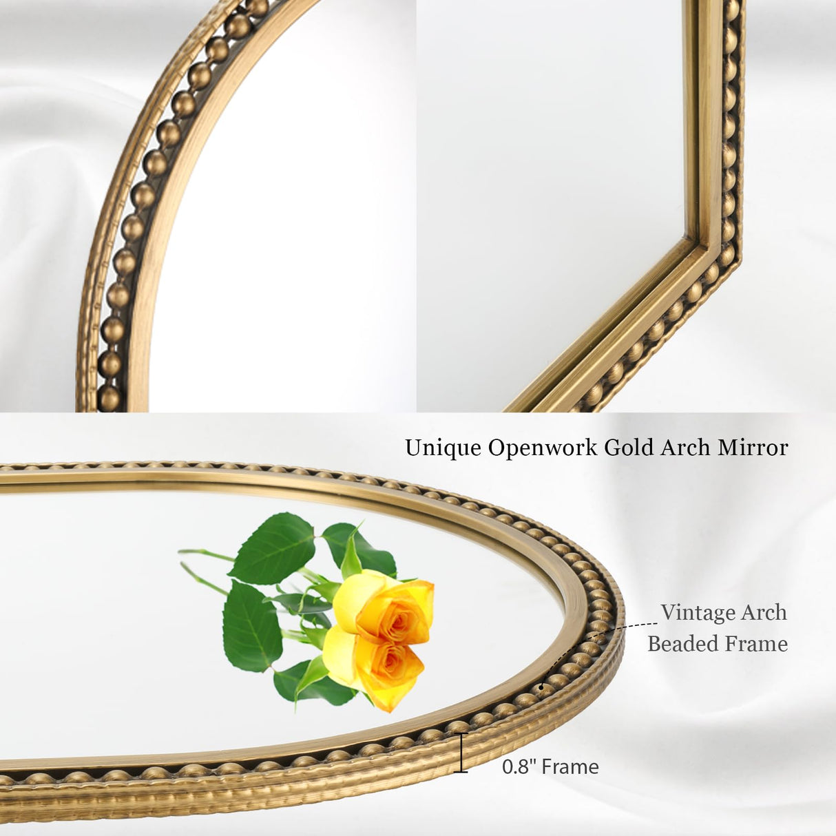 24" x 36" Arch Wall Mirror with Antique Gold Beaded Frame