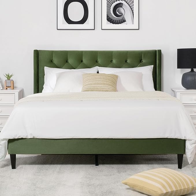 Queen Bed Frame, Velvet Upholstered Platform Bed Mattress Foundation