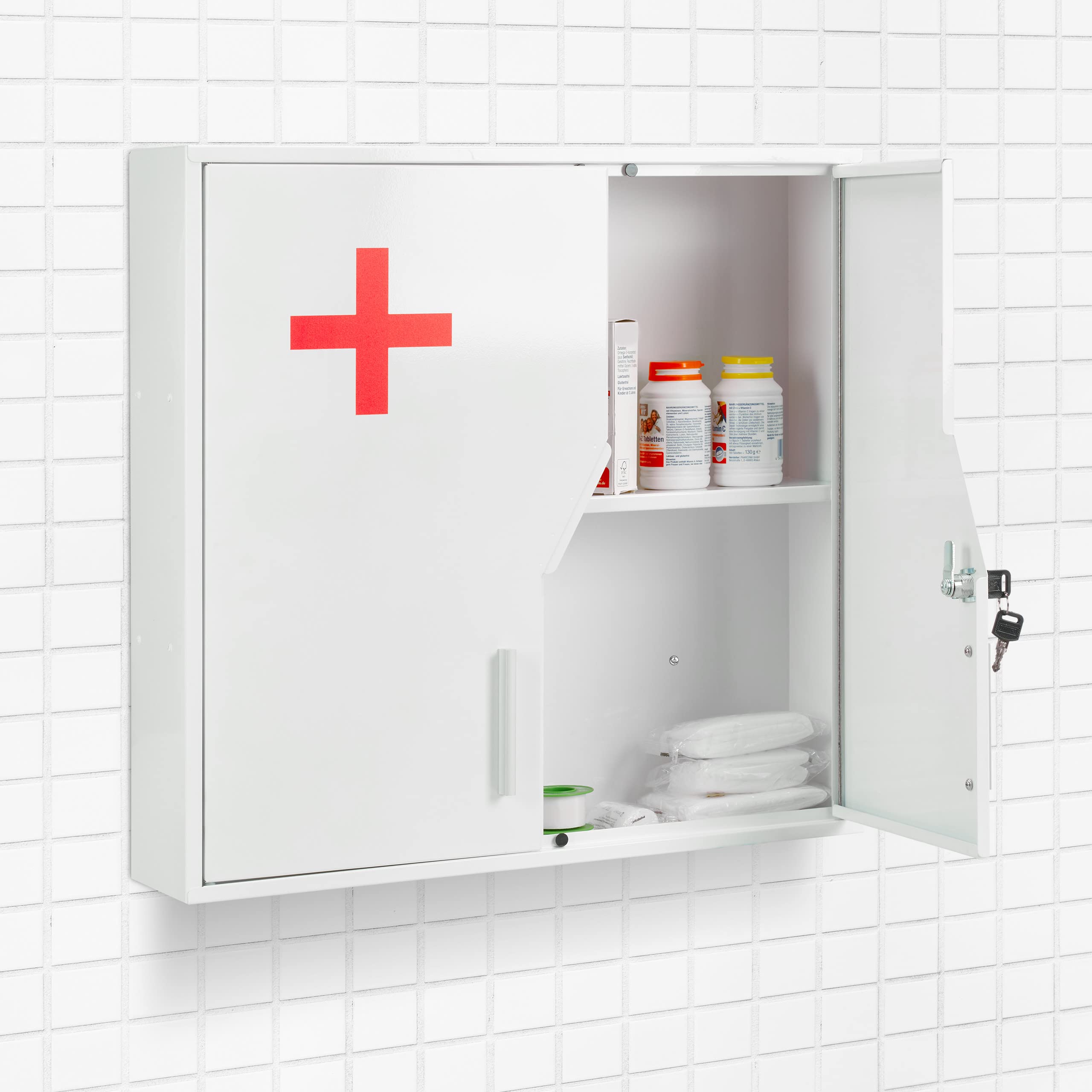 Medicine Cabinet, Lockable, 5 Compartments, Steel, HxWxD: 53 x 53 x 14.5 cm