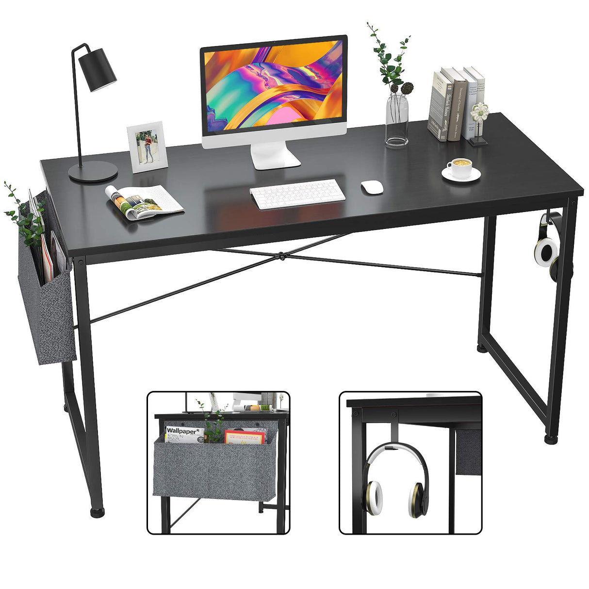 HomVent Computer Desk 47 inch Home Office Working Desk Writing Study Table Modern Simple Style Laptop Table Waterproof with Storage Bag (Black)