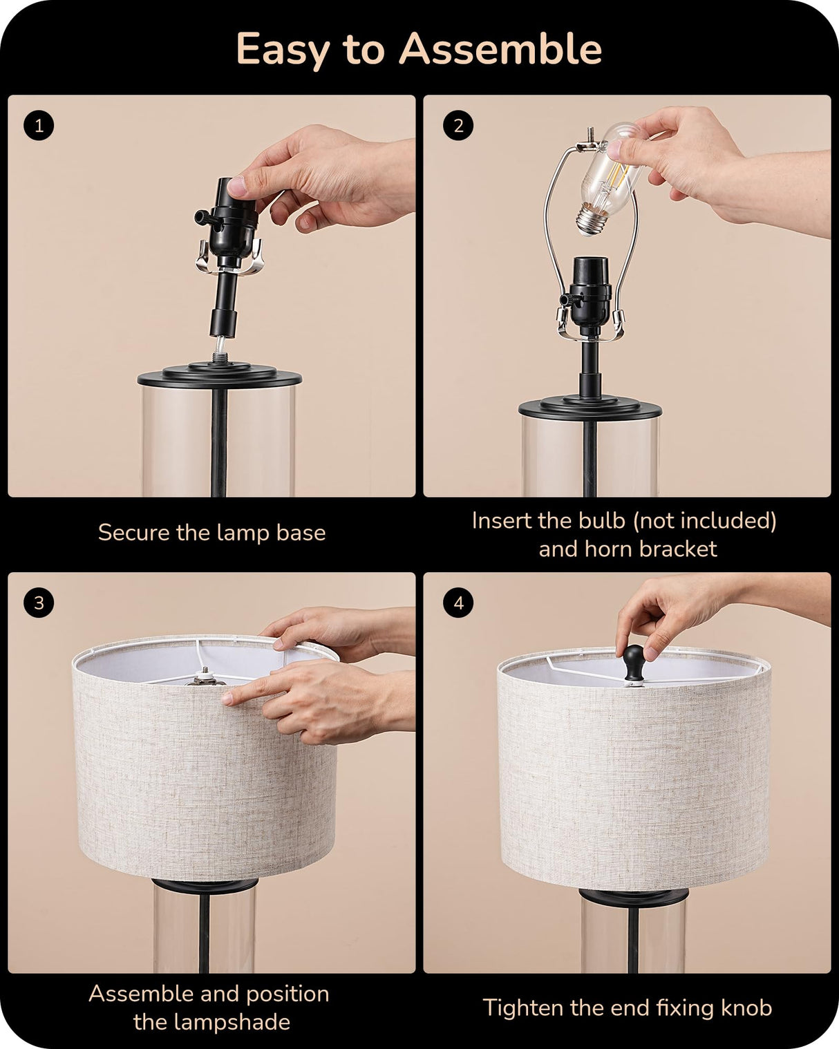 EDISHINE 23.6" Glass Table Lamp Set of 2, DIY Refillable Bedside Lamp with Linen Lampshade & Rotary Switch, E26 Base, Nightstand Light for Living Room, Bedroom, Office