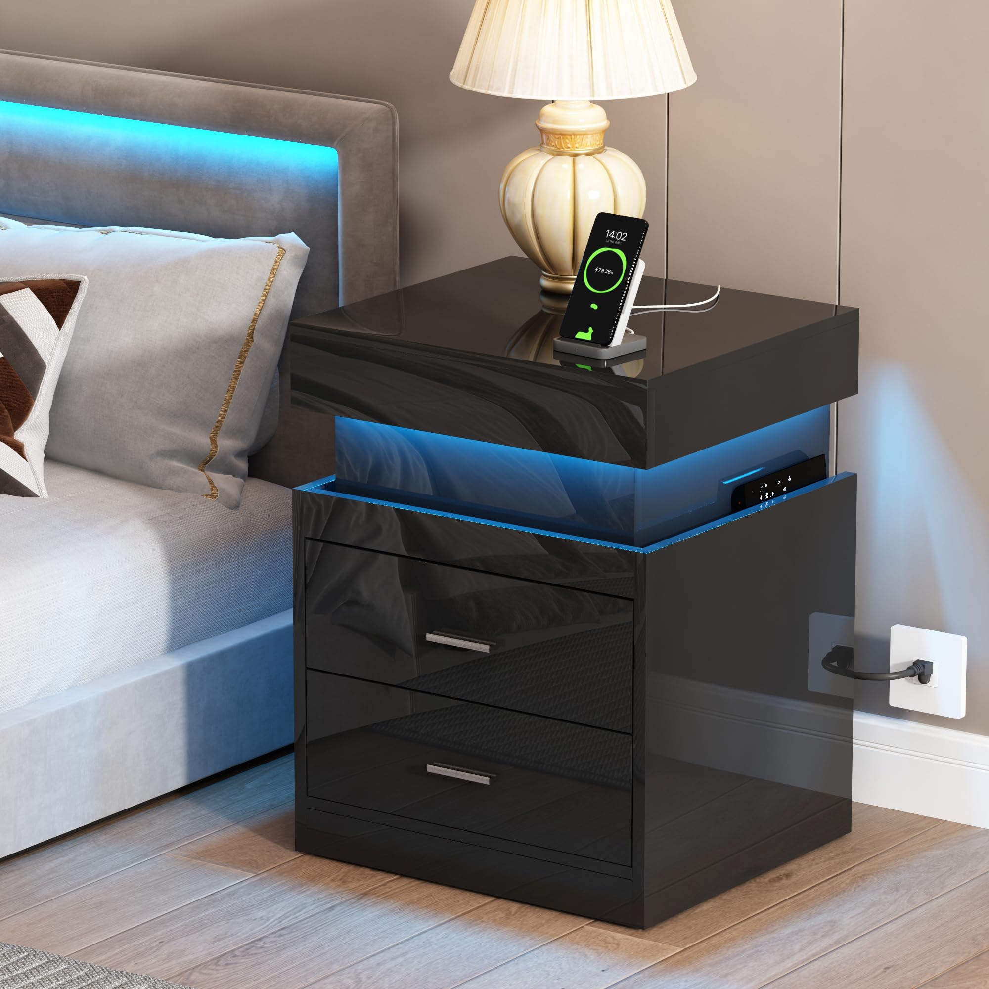 LED Nightstand with Charging Station,Smart Night Stand