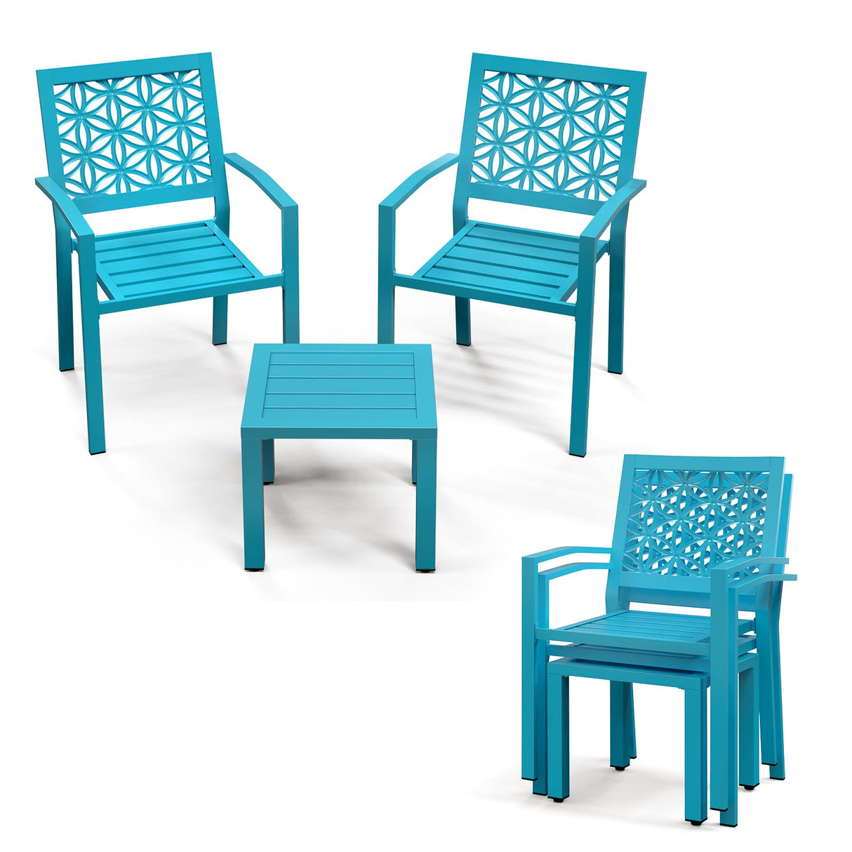 3-Piece Outdoor Bistro Set, Stackable Modern Metal Steel Table and Chairs