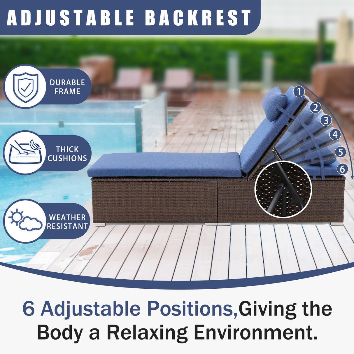 Outdoor Patio Chaise Lounge Chairs, 5-Level Adjustable Rattan Pool Lounger, All Weather Lounge Chair with Coffee Table & Thicken Cushion, for Patio, Backyard, Porch, Garden, Beach, Poolside (3 Pcs)