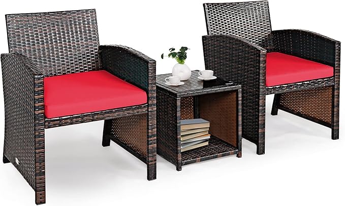 3-Piece Outdoor PE Rattan Furniture Set, Patio Conversation Set w/Chair & Storage Coffee Table