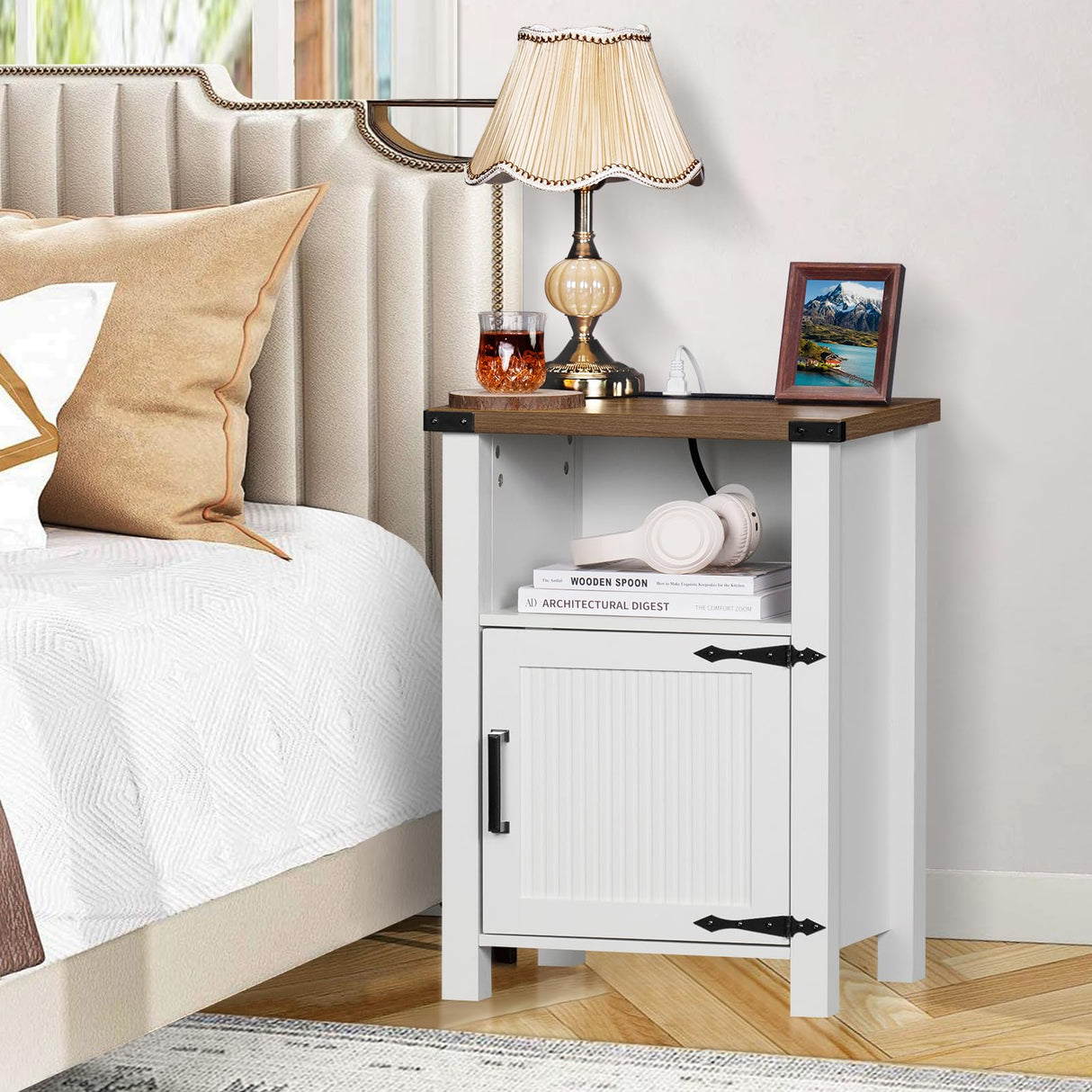 Nightstand with Charger Station and USB Port, 18 Inch Farmhouse Night Stand with Storage Shelf,