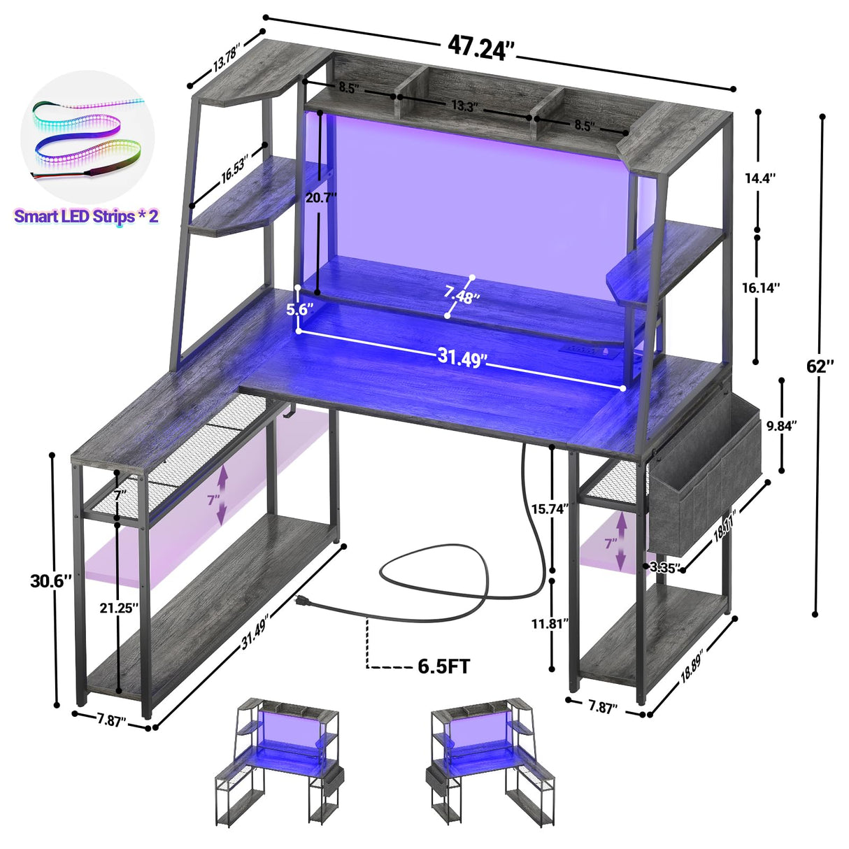 L Shaped Gaming Desk with Hutch - 47" Reversible Computer Desk