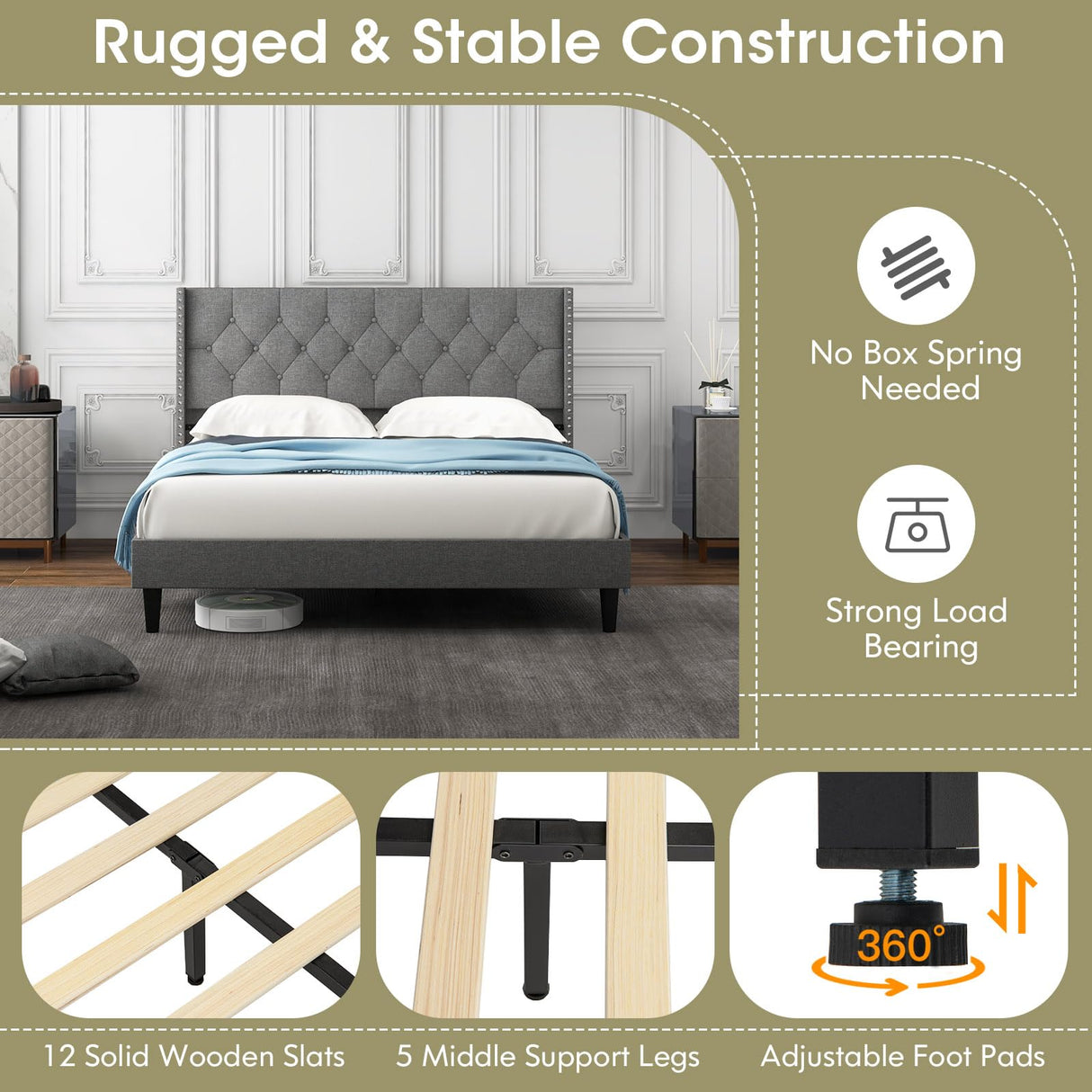 Full Size Upholstered Platform Bed Frame with Tufted Headboard