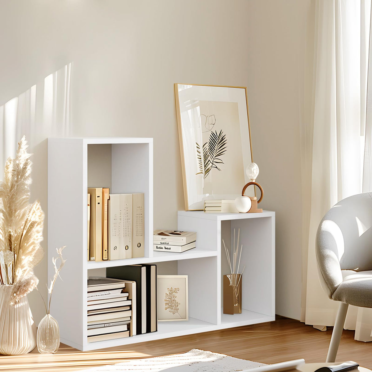 Free-Form Modular Shelving Unit, Freestanding Bookcase 10 Inches Deep, Display Shelf Storage Organizer for Home Office, White