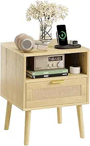 Rattan Black Nightstand, Modern Bedside Table with Storage Drawer and Open Shelf