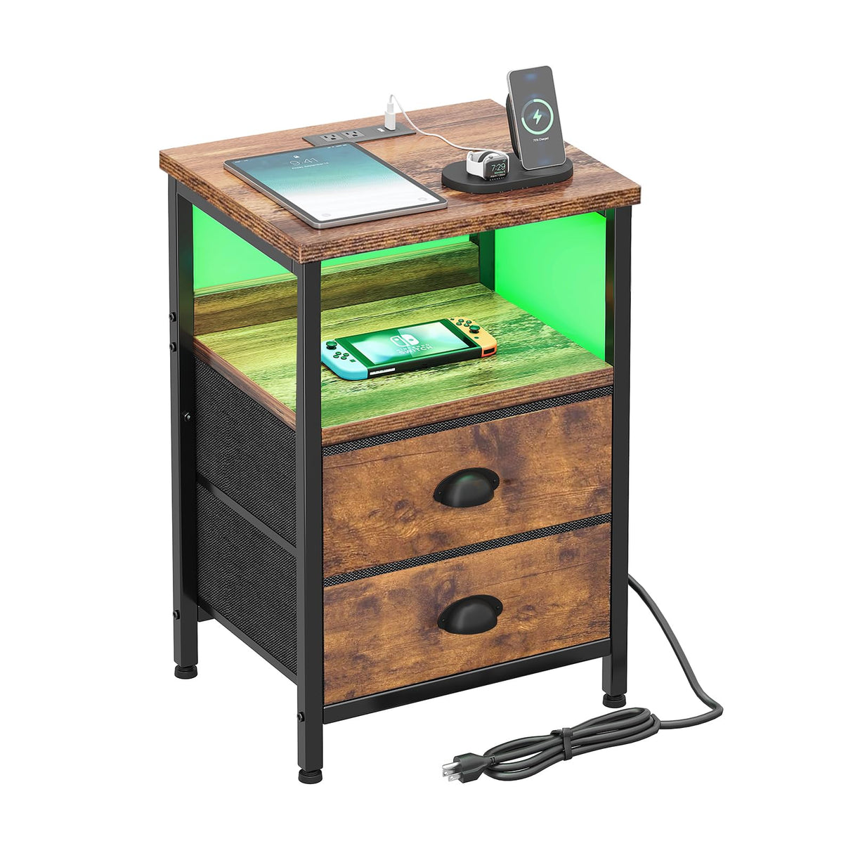 Nightstand with Charging Station,End Table with LED Light for Bedroom