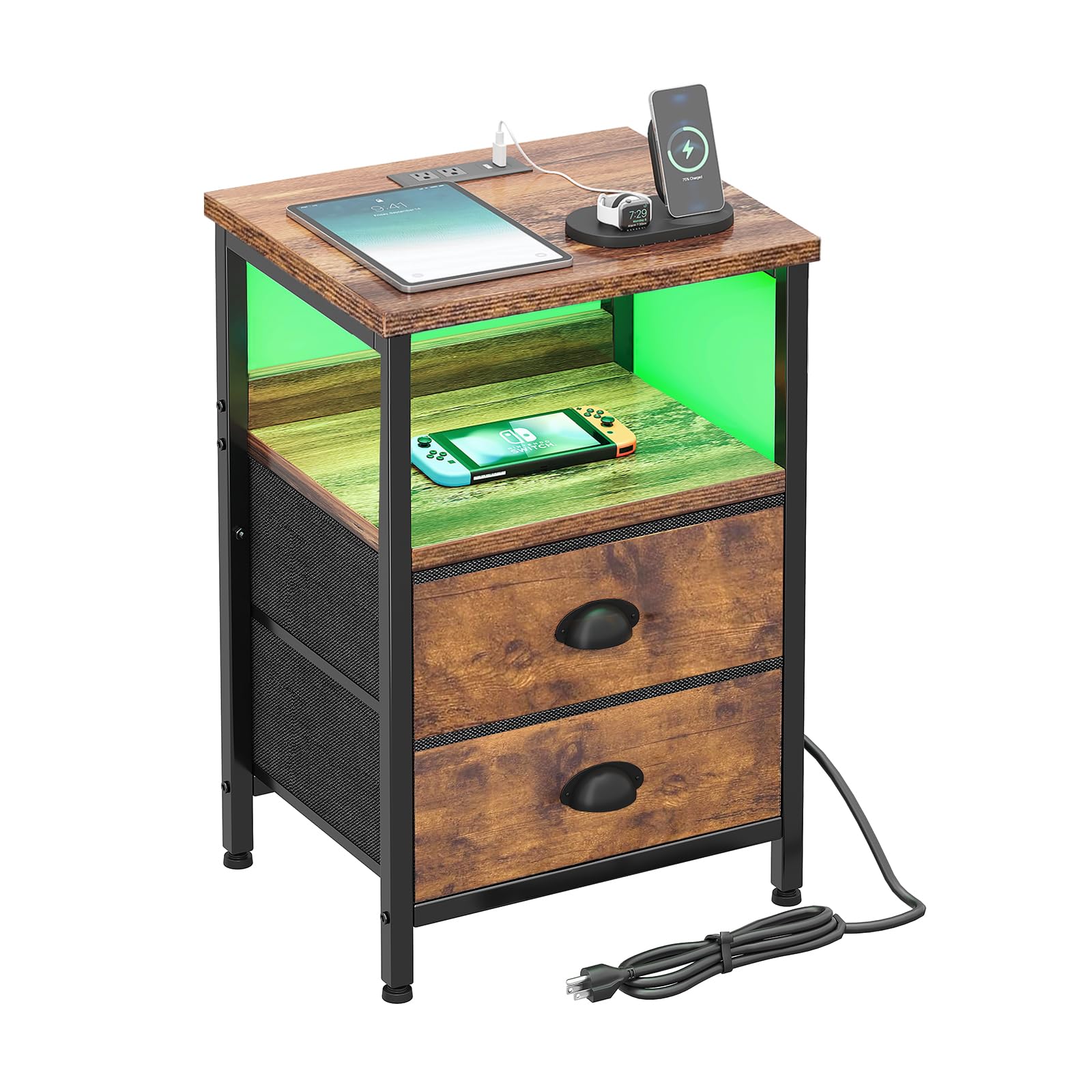 Nightstand with Charging Station,End Table with LED Light for Bedroom